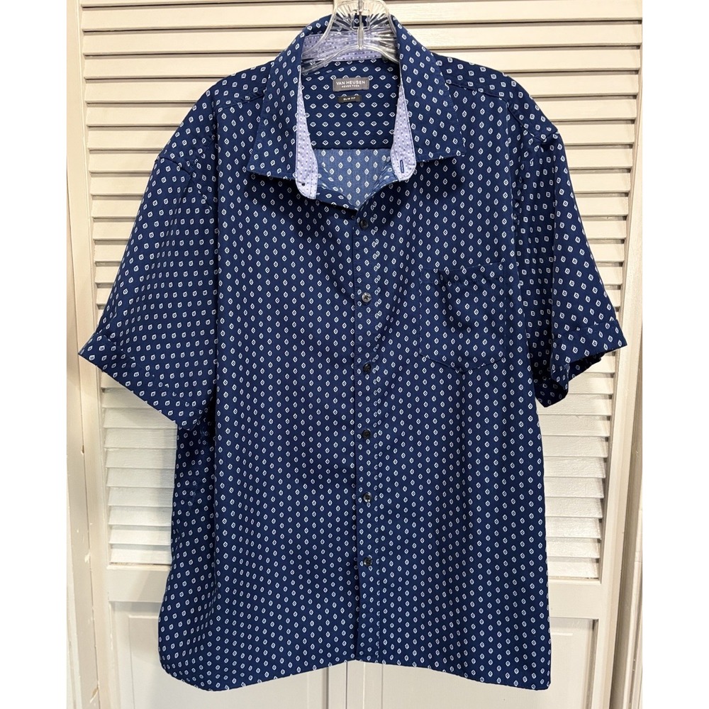 Van Heusen Slim Fit‎ Button Up Short Sleeve Size XXL 18-18.5 Pocket Blue/White